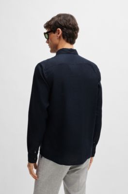 Camisa slim fit en cambray de lino el&aacute;stico, Azul oscuro