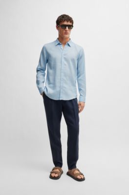 Camisa slim fit en cambray de lino el&aacute;stico, Celeste