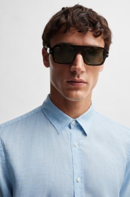 Camisa slim fit en cambray de lino el&aacute;stico, Celeste