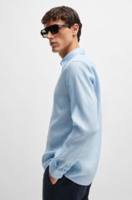 Camisa slim fit en cambray de lino el&aacute;stico, Celeste