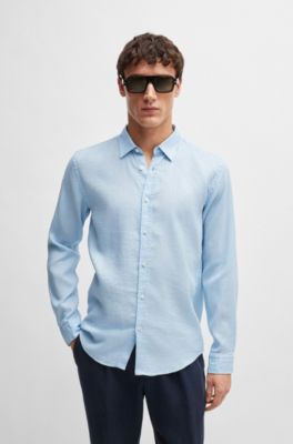 Camisa slim fit en cambray de lino el&aacute;stico, Celeste