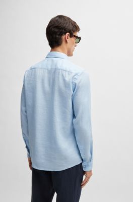 Camisa slim fit en cambray de lino el&aacute;stico, Celeste