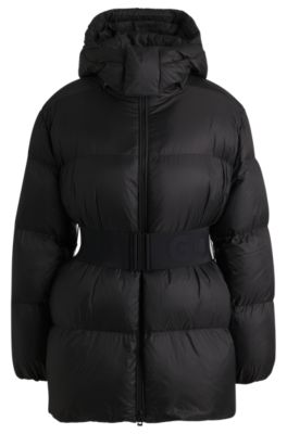 Veste matelass&eacute;e &agrave; capuche amovible avec ceinture logot&eacute;e amovible, Noir