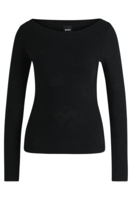 Hugo Boss Wide-neck Sweater In Stretch Jacquard In Black