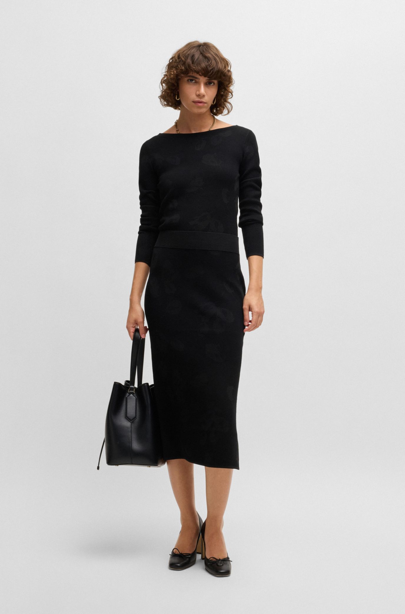 BOSS - Wide-neck sweater in stretch jacquard - Black