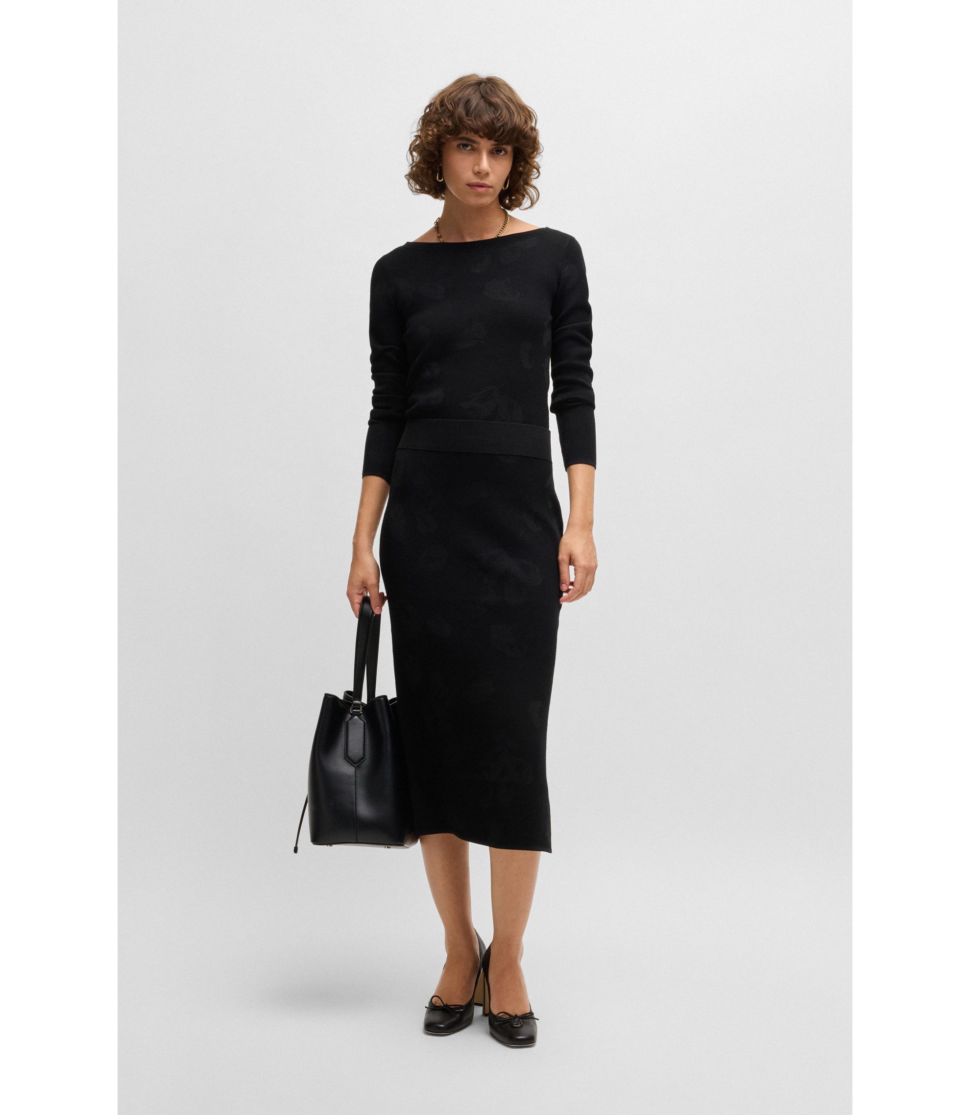 BOSS - Wide-neck sweater in stretch jacquard - Black