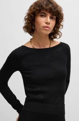 Wide-neck sweater in stretch jacquard, Black
