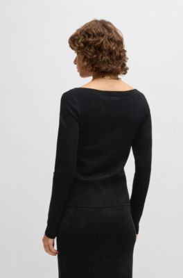 Wide-neck sweater in stretch jacquard, Black