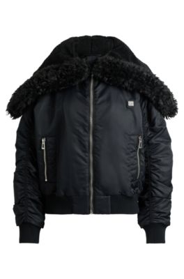 Hugo Boss Water-repellent Bomber Jacket With Zipped Teddy-lined Hood In Black