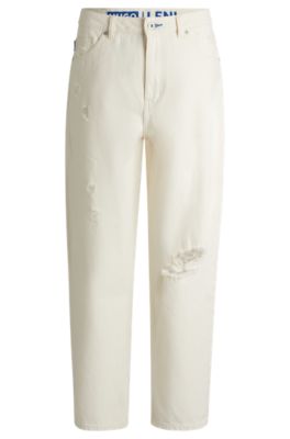 Hugo Boss Wide-leg Relaxed-fit Jeans In Distressed Denim In Light Beige