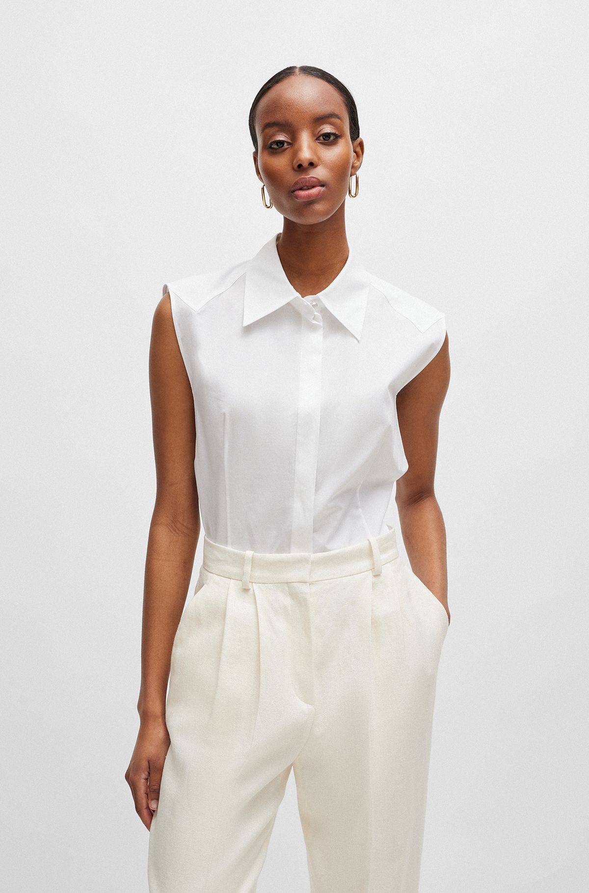 Sleeveless blouse in stretch-cotton canvas, White