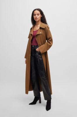 Belted trench coat with hardware trims, Brown