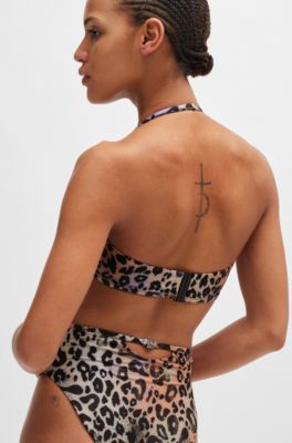 Animal-print bandeau bikini top with stacked-logo charm, Patterned