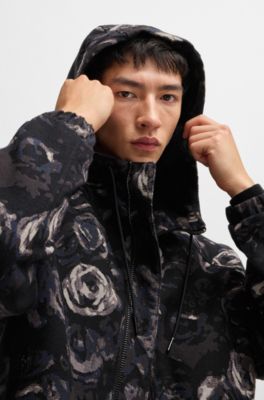 Hooded jacket with gothic-rose floral jacquard, Patterned