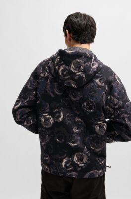 Hooded jacket with gothic-rose floral jacquard, Patterned
