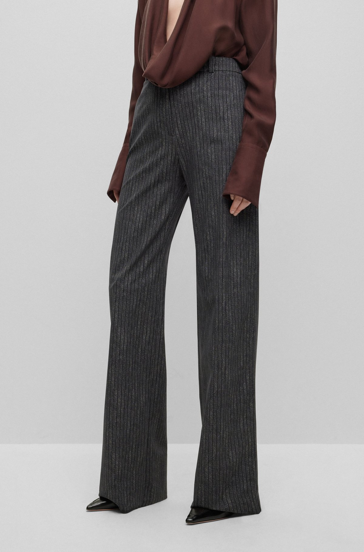 Regular-fit, wide-leg trousers in pinstriped stretch jersey