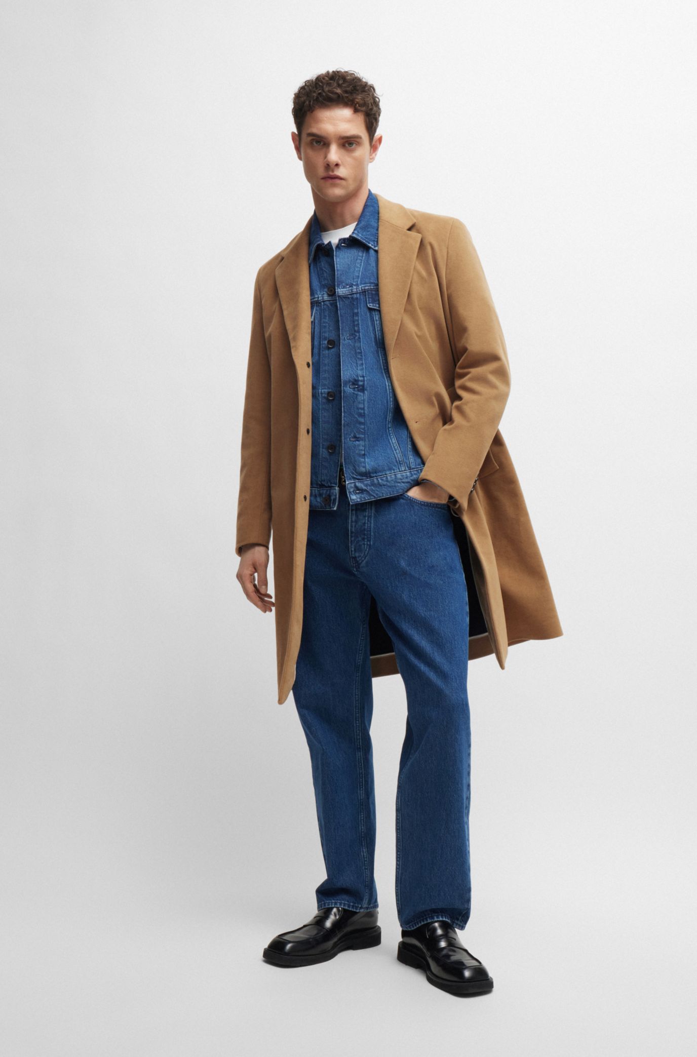 BOSS - Regular-fit coat in moleskin - Light Beige BOSS - Regular-fit coat in moleskin - Light Beige