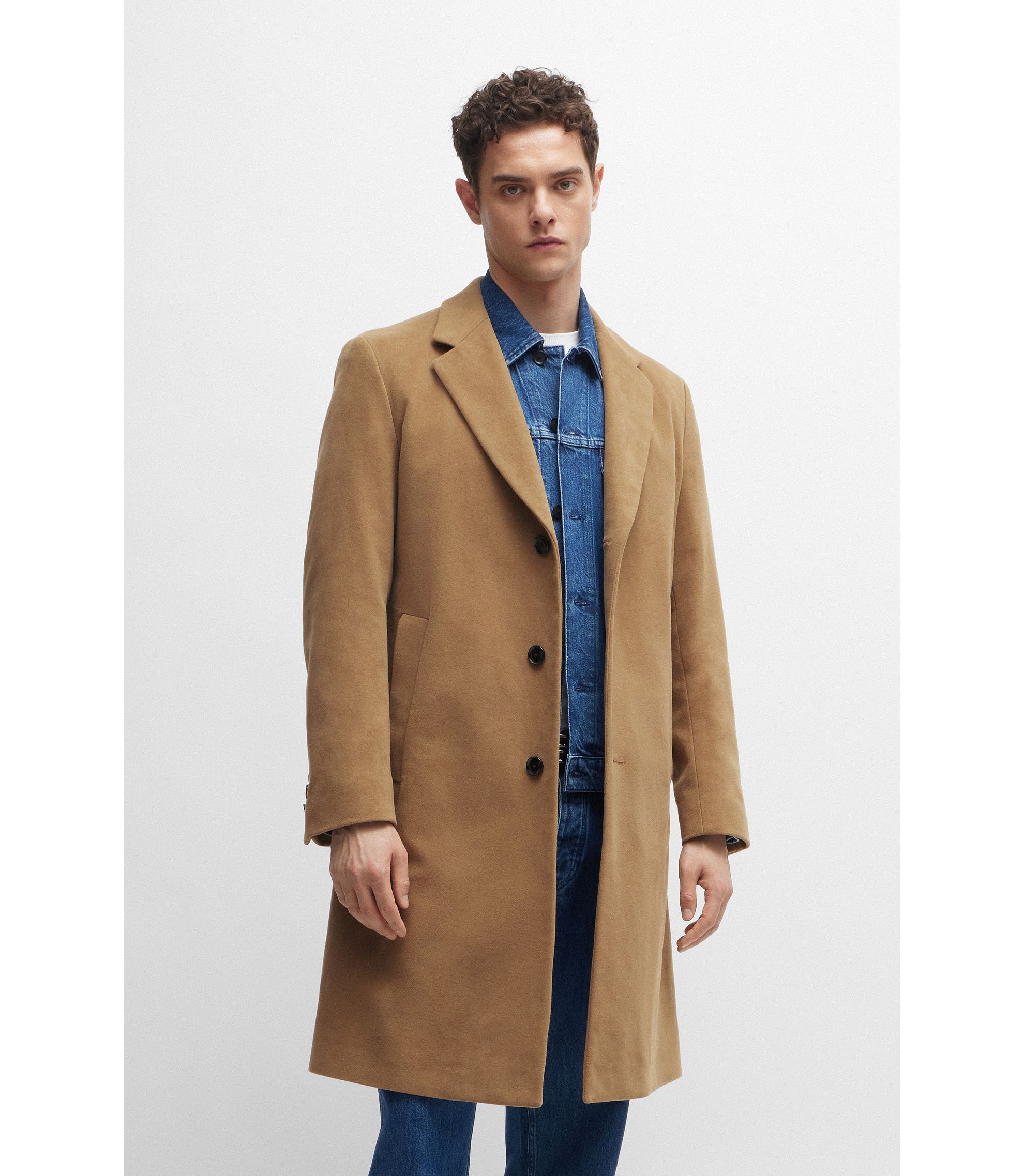 BOSS - Regular-fit coat in moleskin - Light Beige BOSS - Regular-fit coat in moleskin - Light Beige