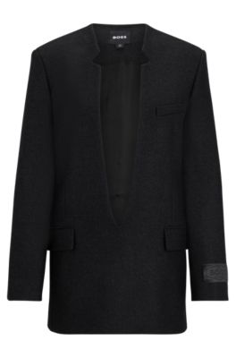 Hugo Boss Wool-blend Deep V-neck Tailored Jacket In Dark Grey