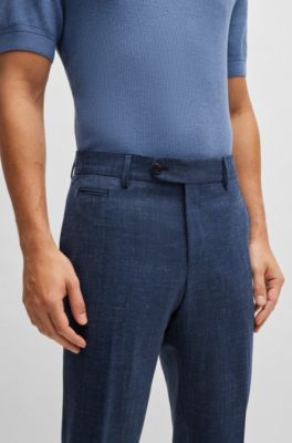 Slim-fit trousers in wool and linen, Dark Blue