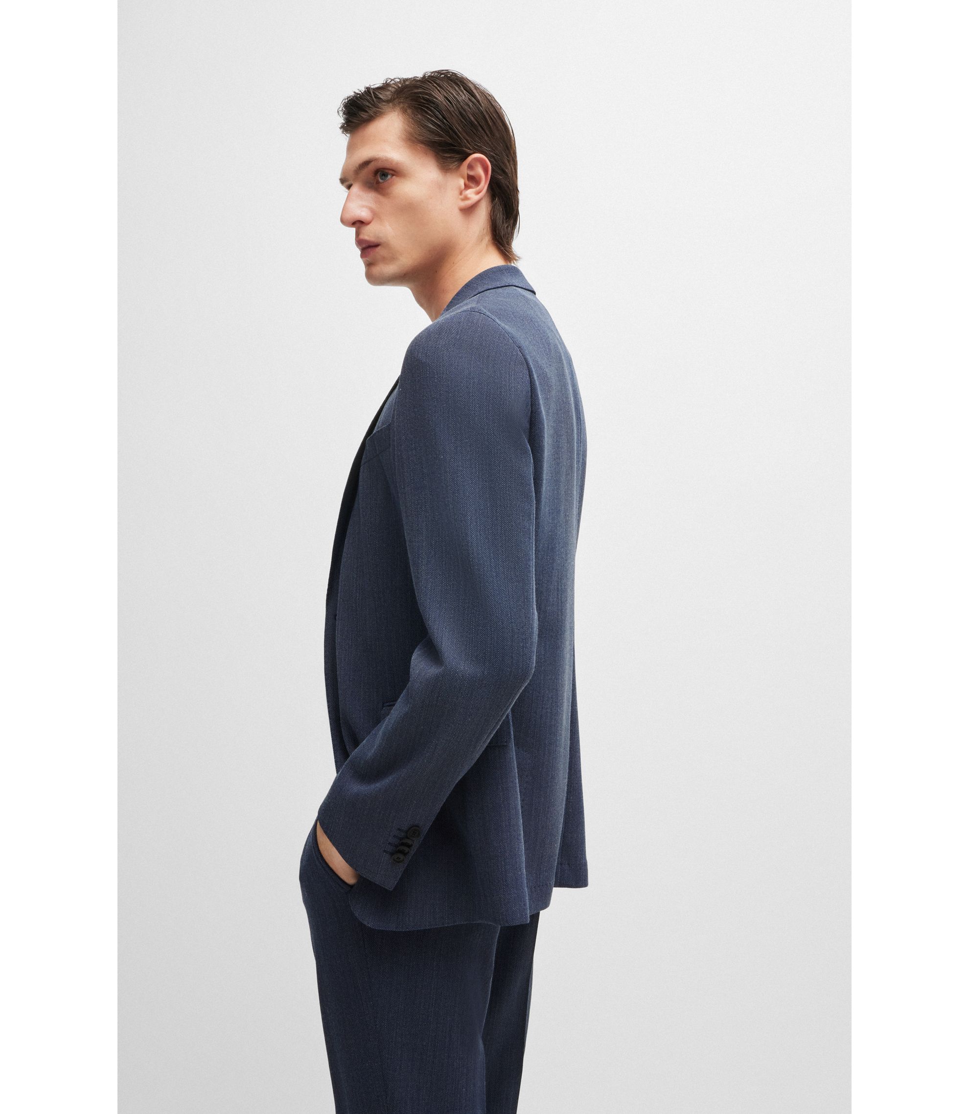 BOSS ネイビー パフォーマンススーツ BOSS - Slim-fit suit in micro-patterned performance fabric
