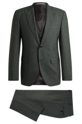 Shop Hugo Boss Regular-fit Three-piece Suit In Melange Virgin Wool In Light Green