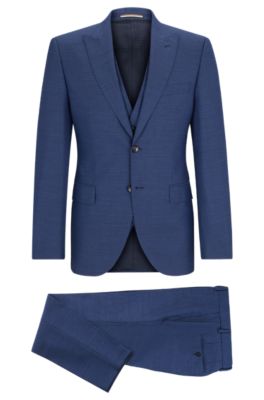 Shop Hugo Boss Regular-fit Three-piece Suit In Melange Virgin Wool In Dark Blue