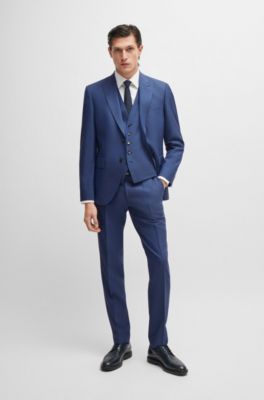 BOSS - Regular-fit three-piece suit in melange virgin wool - Dark Blue
