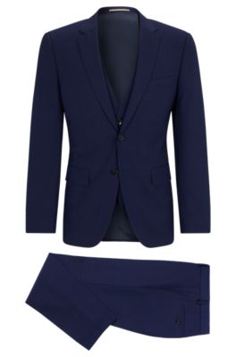 Shop Hugo Boss Slim-fit Three-piece Suit In Checked Stretch Fabric In Dark Blue