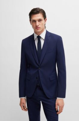 Slim-fit three-piece suit in checked stretch fabric, Dark Blue