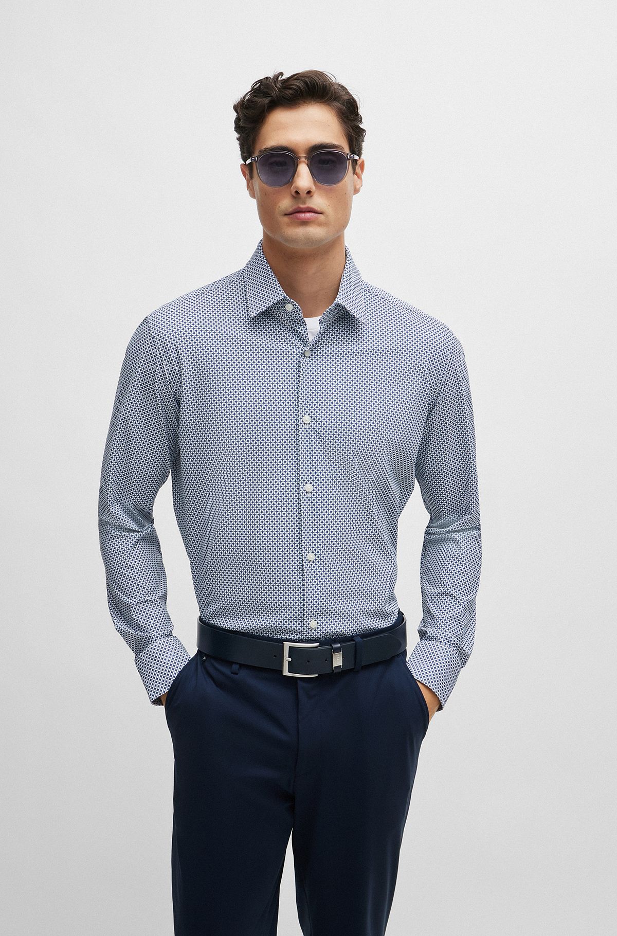 Regular-fit shirt in printed performance-stretch fabric, Blue