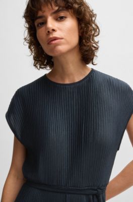 Belted sleeveless dress in high-shine pliss&eacute;, Dark Blue