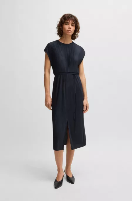 Belted sleeveless dress in high-shine plissé