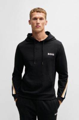 Cotton-terry hoodie with signature-stripe tape, Black