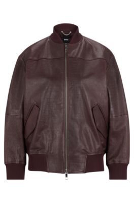 Hugo Boss Leather Bomber Jacket With Embossed Crocodile Motif In Light Red