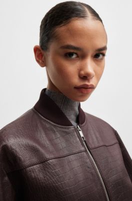 Leather bomber jacket with embossed crocodile motif, Light Red