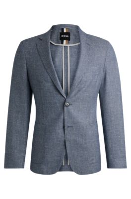 Hugo Boss Slim-fit Jacket In Patterned Virgin Wool And Linen In Dark Blue