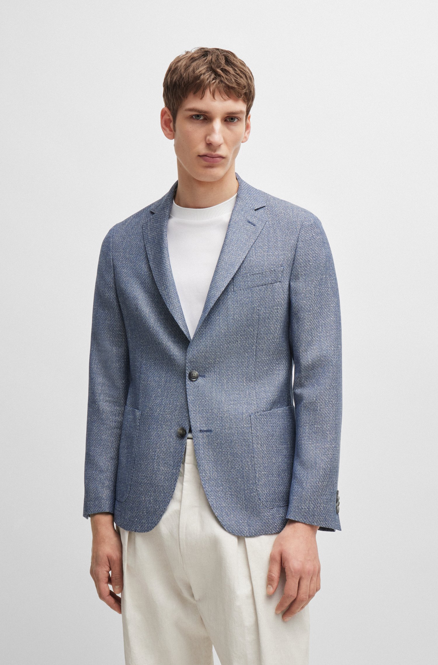Slim-fit jacket patterned virgin wool and linen