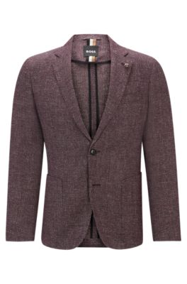 Hugo Boss Slim-fit Jacket In Patterned Virgin Wool And Linen In Light Red