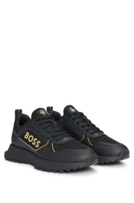 Hugo Boss Mixed-material Trainers With Large Side-panel Logo In Black