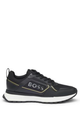 Mixed-material trainers with large side-panel logo, Black