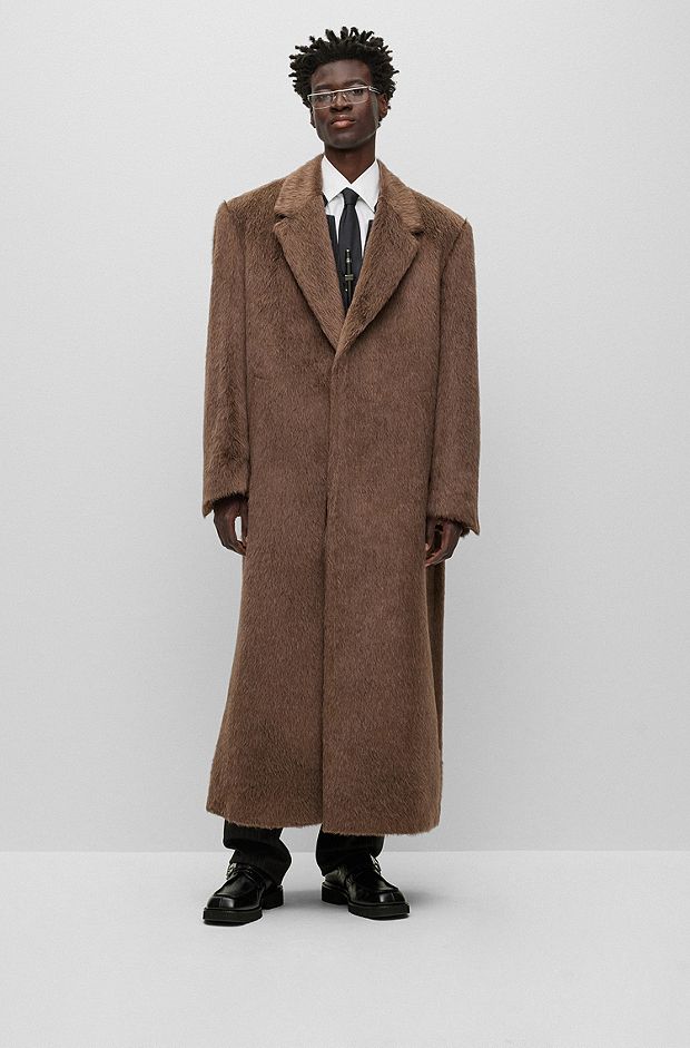 Single-breasted, regular-fit coat in alpaca and wool, Brown