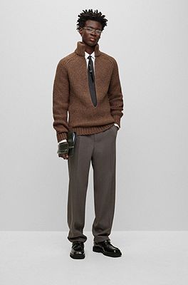 BOSS - Regular-fit wool-blend coat with monogram-jacquard belt