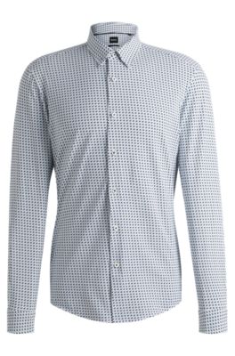 Slim-fit shirt in printed performance-stretch fabric, Light Blue