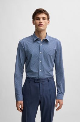 Slim-fit shirt in monogram-print performance-stretch material, Light Blue
