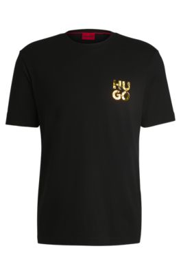 Camiseta de punto de algod&oacute;n con logo apilado estampado, Negro