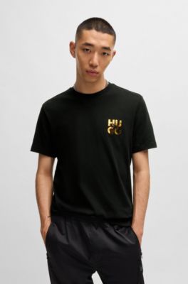 Camiseta de punto de algod&oacute;n con logo apilado estampado, Negro