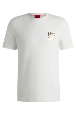 Camiseta de punto de algod&oacute;n con logo apilado estampado, Blanco