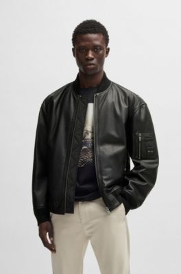 BOSS - Relaxed-fit leather jacket with branded sleeve pocket - Black 