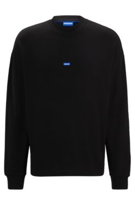 Shop Hugo Cotton-terry Sweatshirt With Blue Logo Label In Black